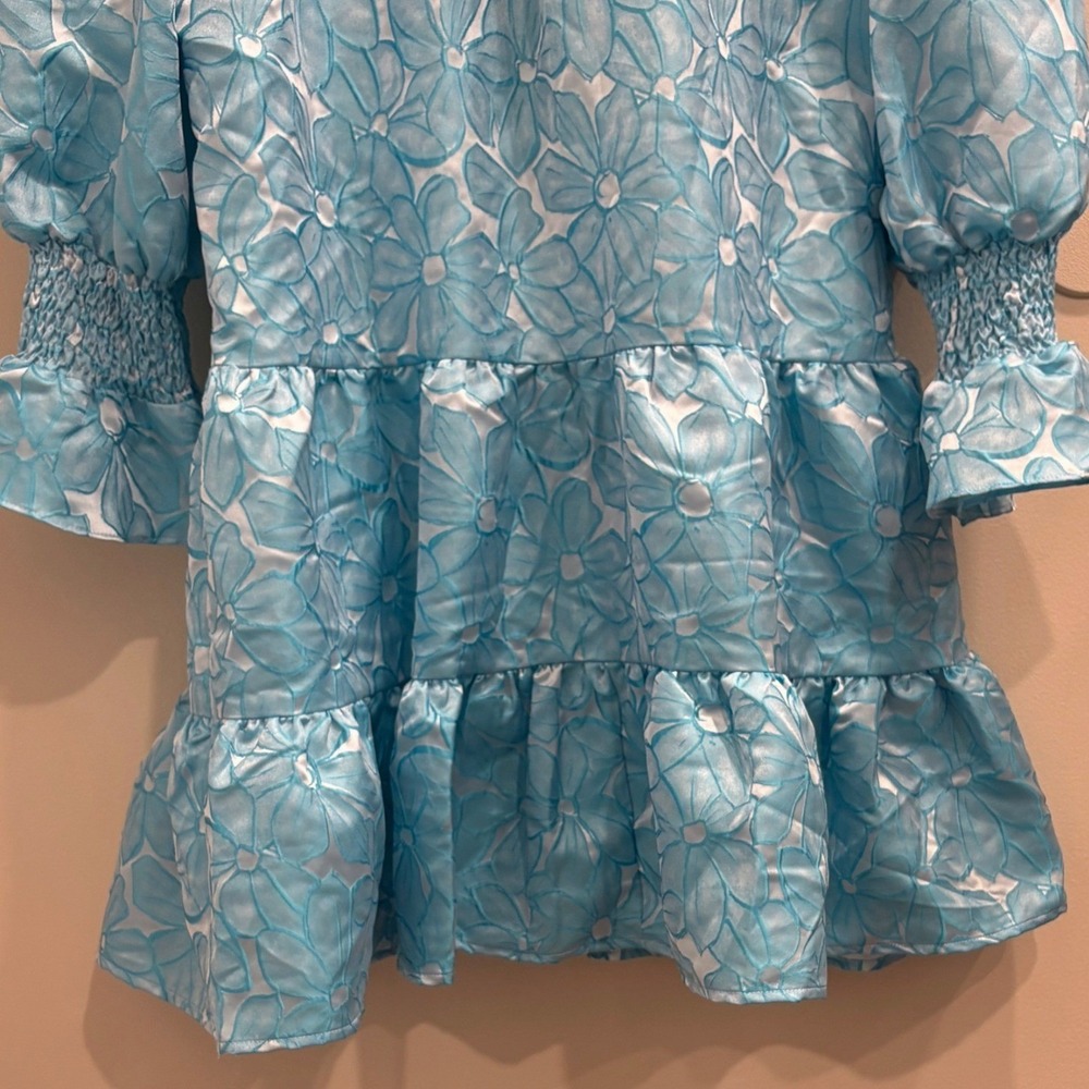 Pomander Place Blue Floral Jacquard Kenzo Tiered Mini Babydoll Dress Medium NEW - Picture 9 of 10